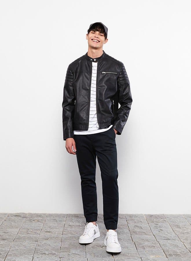 Slim Fit Stand Collar Men's Leather Look Coat - image 1