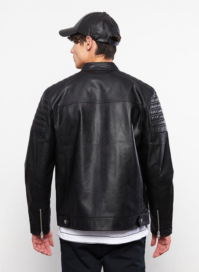 Slim Fit Stand Collar Men's Leather Look Coat - image 2
