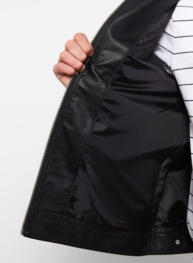 Slim Fit Stand Collar Men's Leather Look Coat - image 4