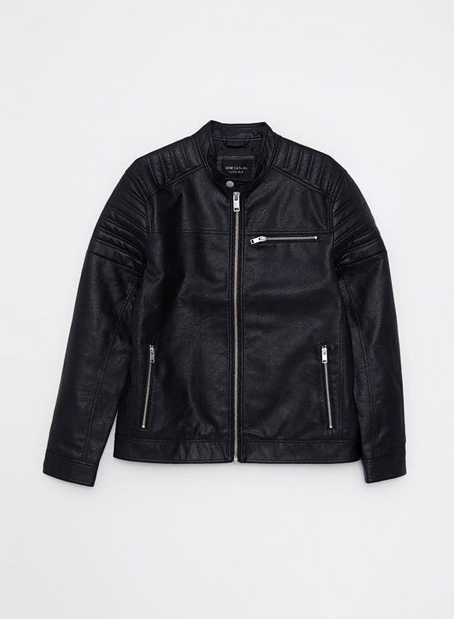 Slim Fit Stand Collar Men's Leather Look Coat - image 7