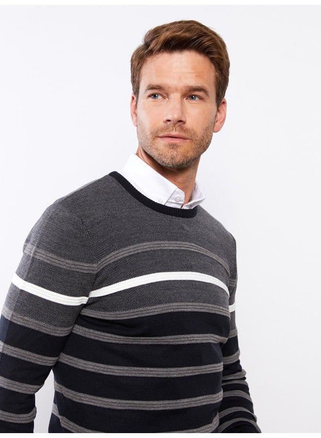 Crew Neck Long Sleeve Striped Men's Tricot Sweater