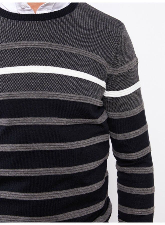 Crew Neck Long Sleeve Striped Men's Tricot Sweater - image 1